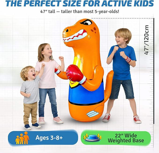Preferred Toys 47" Inflatable Dinosaur Punching Bag for Kids - Durable Blow Up Kids Punching Bag with Bounce Back Base - Inflatable Indoor Outdoor Active Toddler Bop Play Toy