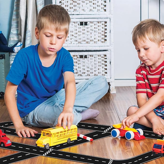 WNINK 2 Rolls Black and Red Roadway Tape Road Tape, Kids Race Car Stickers, Race Car Track Decorations, 2.4 Inch Wide, 2 X 33 FT Long, Easy Tear, No Residue for Kids Birthday Racing Party Decoration