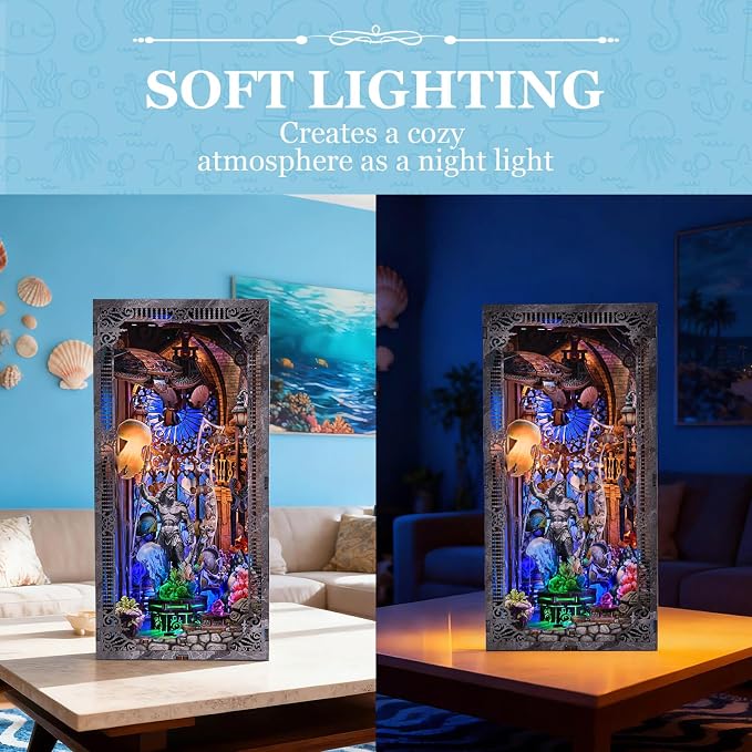 fifijoy Book Nook Kit - Atlantis DIY Miniature House Dollhouse Kit for Adults and Teens, 3D Wooden Puzzle Bookend Bookshelf Insert Decor with LED Light, Gifts for Family and Friends