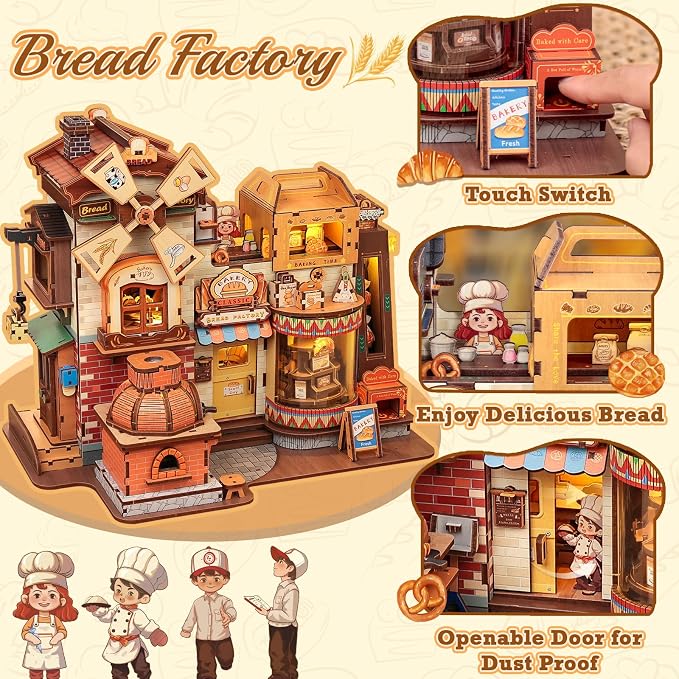 Cutefun 3D Wooden Puzzle for Adults, DIY Miniature Bakery House Kit, Wooden Mechanical Model 576 Pcs Building Kit with LED Light & Music, Creative Craft Gift Home Decor (Bread Factory)