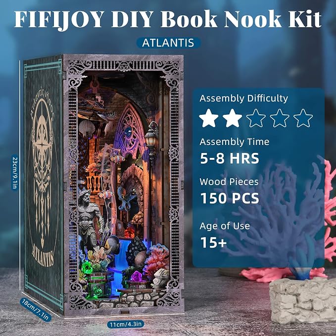 fifijoy Book Nook Kit - DIY Miniature House Dollhouse Kit for Adults and Teens, Booknook Tiny House Atlantis Bookshelf Decor 3D Wooden Puzzle with LED Light, Gifts for Family and Friends (Atlantis)