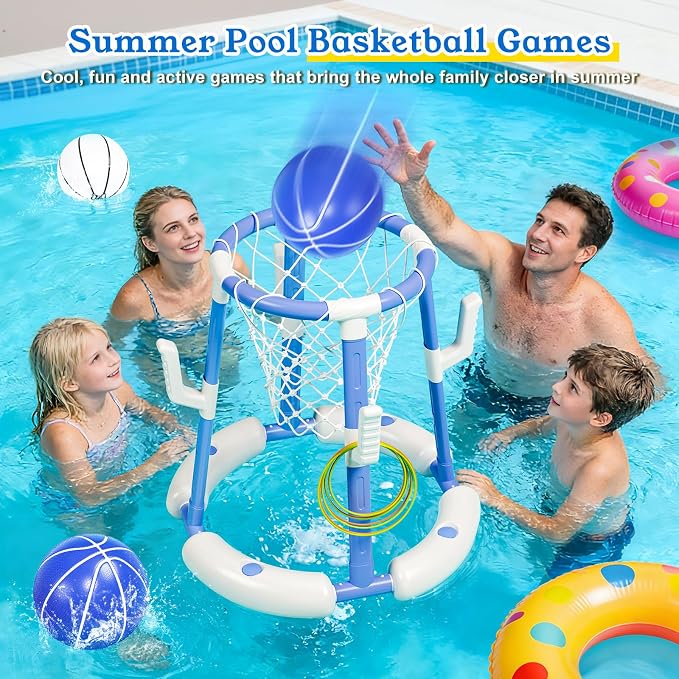 2 in 1 Pool Basketball Hoop with Backboard & Ring Toss Game,Floating Pool Toys with 4 Balls 8 Rings&Pump Summer Water Basketball Indoor Outdoor Toy Gifts Family Party for Kids Age 3-5 4-8 8-12& Adult