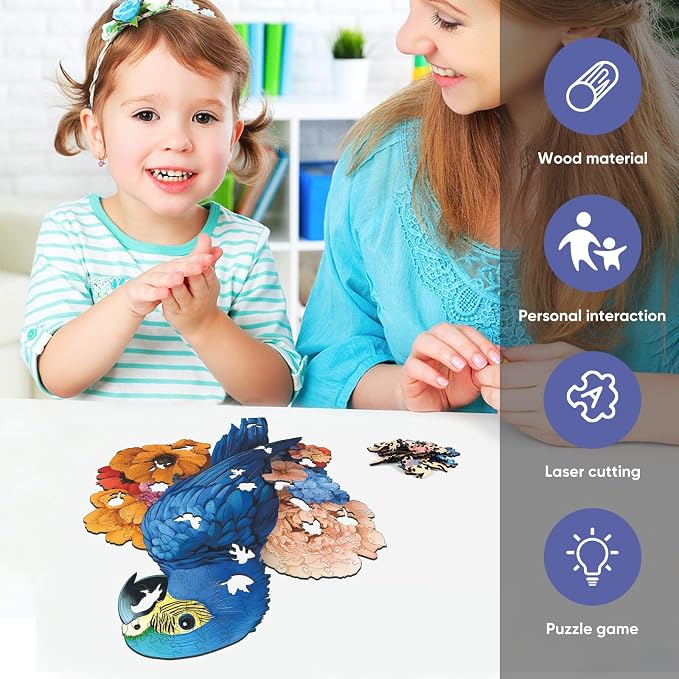 Mys Aurora Wooden Puzzles for Adults, Blue Parrot Couple Jigsaw Puzzles 200 Pieces, 11.9 x 11 Inch, Royal, Unique Shaped Round Blue Parrot Puzzles for Adults and Kids, Family Game