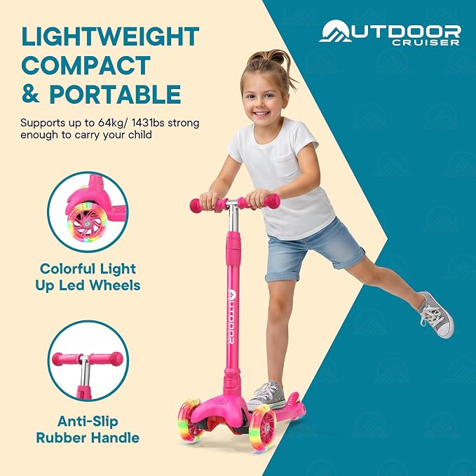 Outdoor Cruiser 3-Wheel Kids Scooter – with Lean-to-Steer Technology, Wide Deck, Led Lighted Wheel, 4-Level Adjustable Height T-bar Handle, Support Kids Up to 150 Lbs, for Boys & Girls Ages 3-8, Pink