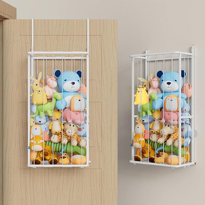 SWTYMIKI Hanging Stuffed Animal Storage - Over Door Large Plush Toy Organizer, Wall Mounted or Corner Stuffie Storage for Nursery, Doll & Bear Plush Organizer for Kid Room Bedroom (White, 2-Tier)