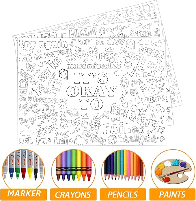Set of 3 Jumbo Giant Coloring Poster for Kid Large Positive Coloring Tablecloths with I AM IT’S OK TO BE KIND Theme Inspirational Fun Coloring Banner for Classroom Home Activity Birthday Party Supply