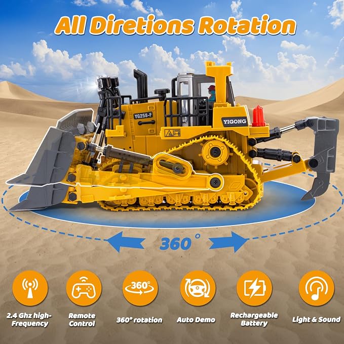 Samtop Rc Bulldozer Toys - Remote Control Bulldozer Construction Vehicles Trucks for Boys Kids Age 6 7 8-12 - Metal RC Electric Tractor Loader Toys with Light and Sound - 3-5 Birthday