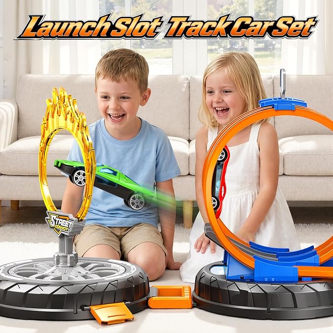 2026 Race Car Track Set Toy for Kids, Stunt Racing Playset with 360° Loop Car Track and Four 1:64 Scale Vehicles Gift Toys for Boys Girls Ages 3 4 5 6 7 8 (Standard)