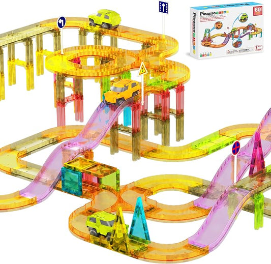 PicassoTiles 60pc Magnetic Tile Race Car Track Set STEM Construction Road Kit Building Blocks for Kids Toddlers Age 3 Plus Educational Travel Toy Sensory Preschool Learning for Boys and Girls PTMR60