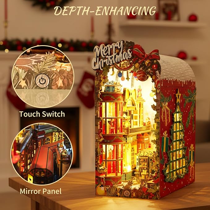 Christmas Book Nook Kit – DIY Miniature House Dollhouse Kit for Adults & Teens, 3D Wooden Puzzle Tiny House Bookshelf Decor, for Family and Friends