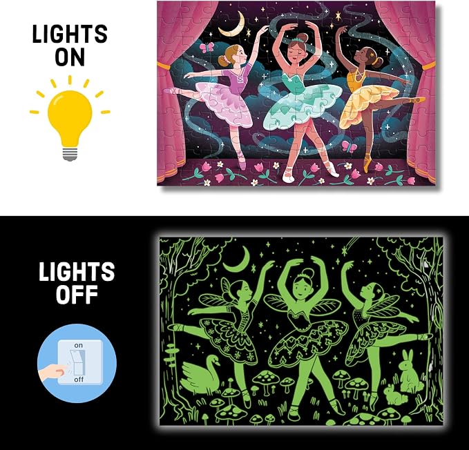 Mudpuppy Moonlight Ballet – 100 Piece Glow in The Dark Jigsaw Puzzle with a Stage Performance Scene of Dancers and Hidden Forest Details in The Dark