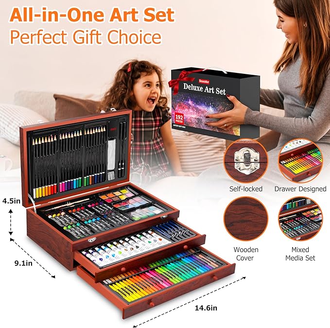 Soucolor Art Supplies, 192-Pack Deluxe Art Set Drawing Painting Supplies Kit with Acrylic Pad, Watercolor Pad, Sketch Book, Canvases, Acrylic Paint, Crayons, Pencils, Gifts for Artist Adults Teen Kids