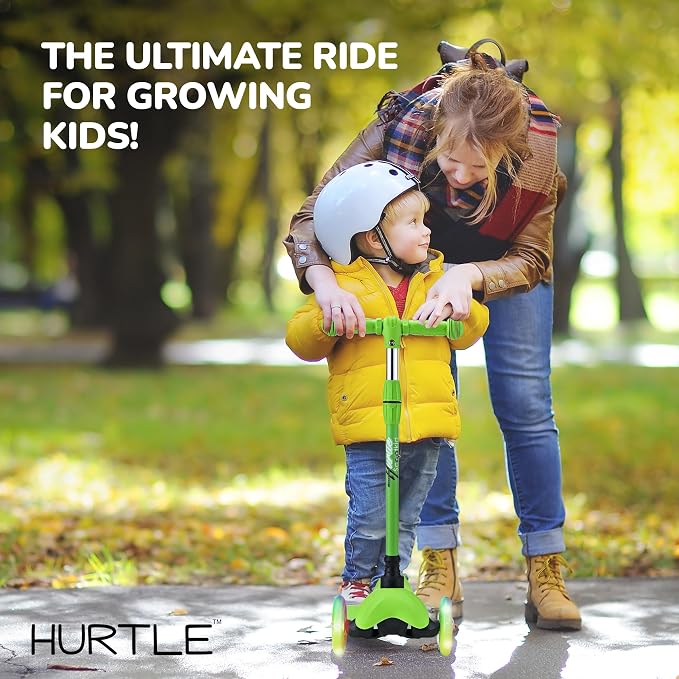 Hurtle Mini Kickboard 3 Wheel Scooter for Kids Ages 2-5 - Lean-to-Steer Toddler Scooter with Light-up LED Wheels, Adjustable Height & Rear Foot Brake for Boys. & Girls, Anti-Slip, Indoor/Outdoor