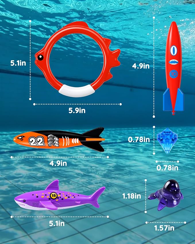 20Pcs Summer Pool Diving Swimming Toys for Kids Ages 3-12, Fun Swim Games Sinking Set, Underwater Dive Gifts with Storage Bag Include Torpedo Gems Shark Rings Sea Animals for Boys Girls Toddlers