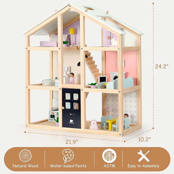 Pillowhale Wooden Dollhouse for Girls Age 3+ | 3-Story Doll House with 38 PCS Furniture, Movable Stairs & Adjustable Lights, Modern DIY Dollhouse Birthday Gift for Kids