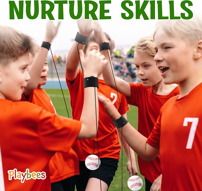 Playbees Reactive Practice Baseballs (6 Pack) – Wrist Return Training Balls for Hand-Eye Coordination – Portable Kids Outdoor Activity & Skill Trainer – Great Birthday Gift or Party Favor