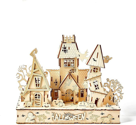 3D Wooden Puzzles Halloween House Kits Includes Light Strip, Brainteaser and Puzzle for Halloween/Birthday,Gifts for Adults and Teens to Build Combination