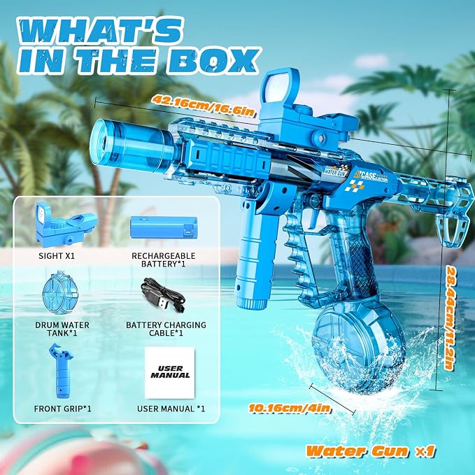 Electric Water Gun for Adults & Kids, Automatic Squirt Gun with 26 FT Range, Flashing Muzzle, USB Rechargeable Battery, 320cc Drum Reservoir, Outdoor Beach Pool Party Toys for Boys Girls,Blue