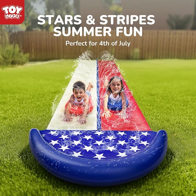 TOY Life Giant American Flag Water Slides for Kids 20FT Waterslide Backyards Lawn with 2 Bodyboards 2 Lane Slip Splash and Slide Summer Toys with Built-in Sprinkler for Backyard Outdoor Water Toys Fun