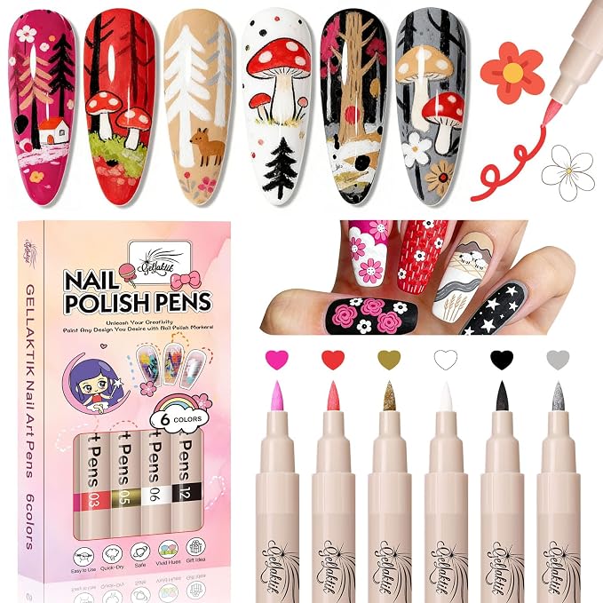 6 Colors Nail Art Pens Set, 3D Nail Polish Pens Quick-Drying Acrylic Paint Markers, Dotting Liner Brush for DIY Nail Design, Home & Salon Manicure Tools