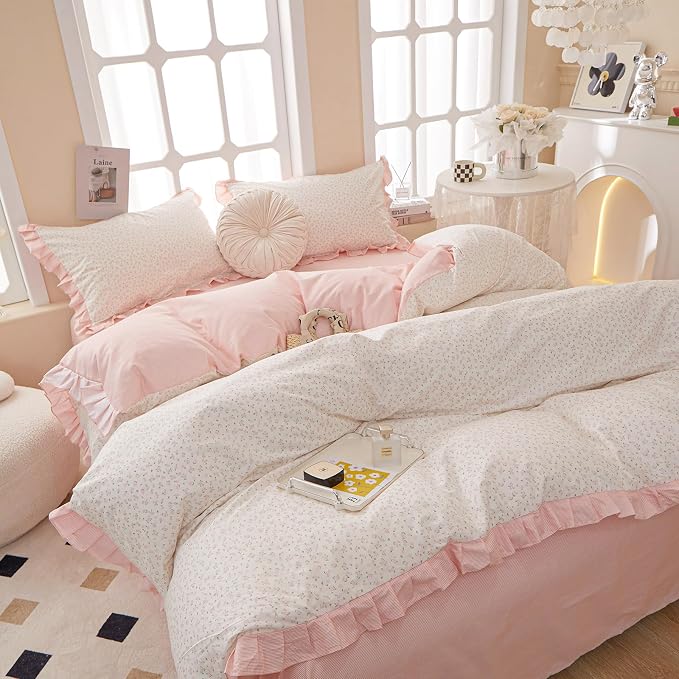 Reversible Ruffle Comforter Set King Vintage Botanical Floral Comforter Set White Coquette Bedding Cottagecore Pink Flower Comforter with 2 Pillowcases Floral Boho Bedding Comforter for King Bed