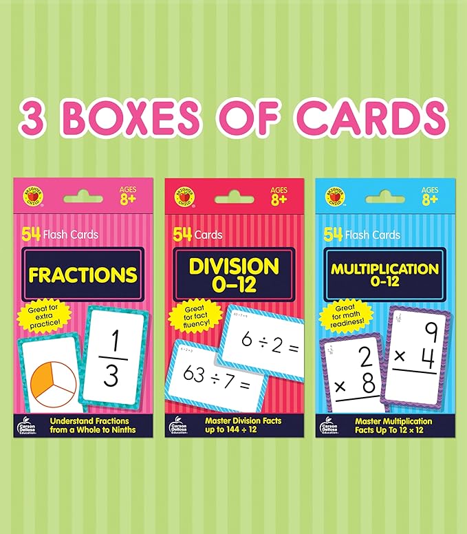 Carson Dellosa Division, Fractions, and Multiplication Flash Cards, 3 Sets of Flashcards, Math Games for Kids 8-12, 3rd Grade Mathematics Practice and Up