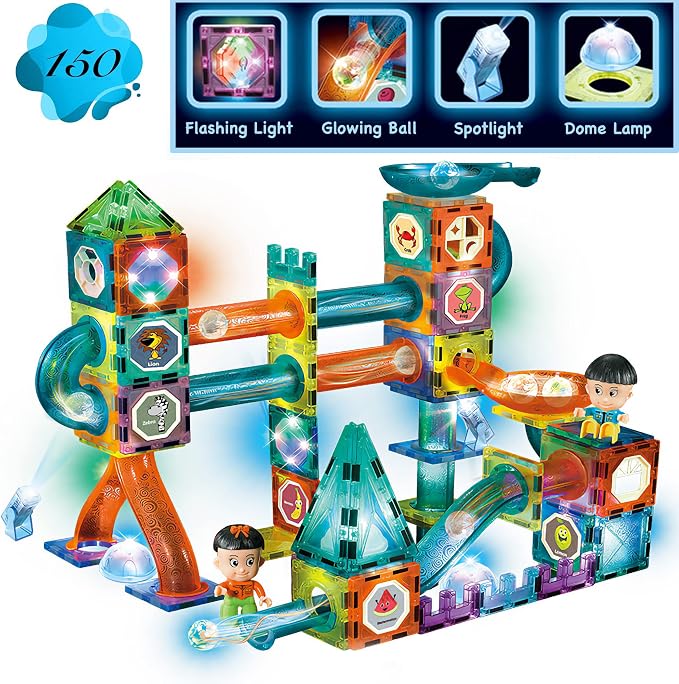 Glowing Magnetic Tiles Marble Run Race Track Super Set - 150 Complete Pieces Glow in The Dark STEM Magnetic Building Blocks Gravity Marble Maze Games for Toddlers Kids Boys Girls Ages 3+ Years