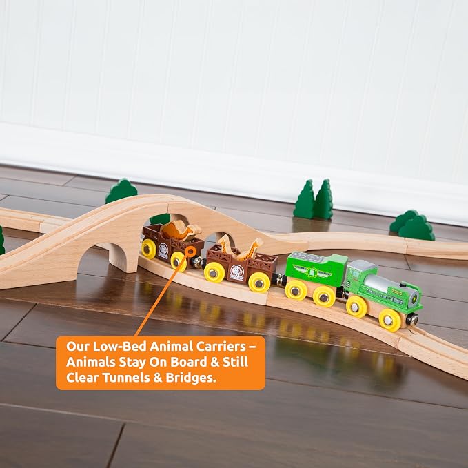 ORBRIUM Wooden Train Set 12 Magnetic Train Cars & Engines 18 PCS Collection Animal Trains Circus Farm Safari Zoo Compatible w Thomas Brio Melissa & Doug Wooden Railway for Toddlers Kids