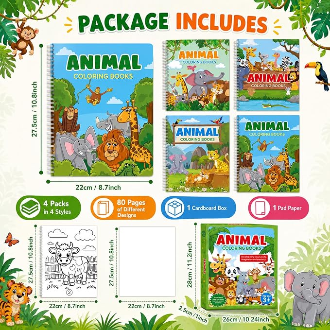 4 Pack Jungle Safari Animal Coloring Books 8.6x11 Inch Spiral Bound Coloring Books Bulk Zoo Animal Themed Activity Book DIY Crafts for Birthday Travel Gifts Party Favors Holiday Trip Supplies