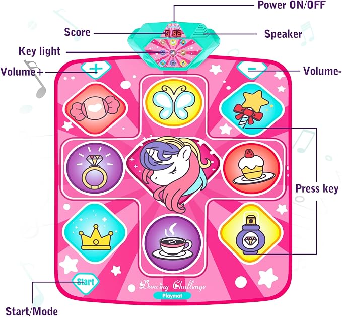 Kusntin Dance Mat, Dance Mixer Rhythm Step Play Mat, Pink Dance Pad with LED Lights, Adjustable Volume, Built-in Music, 5 Game Modes, Xmas Birthday Gifts for 3-10 Years Girls Toys (Multicolor)