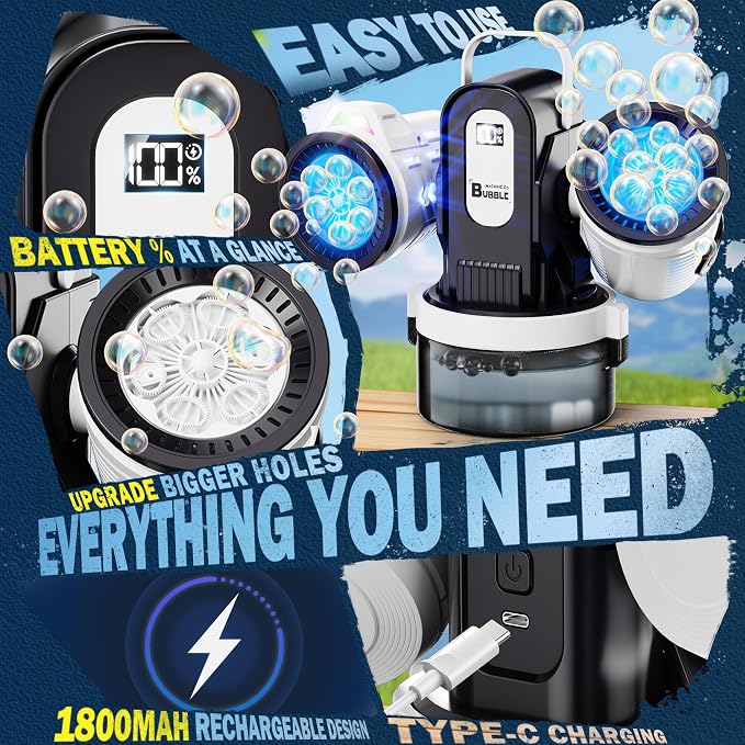 Dual-Engine Bubble Machine with Auto Rotation & RGB Lights & Remote Control,1800mA Type-C Rechargeable,700mL Tank,Bubble Maker for Kids, Party, Wedding, Backyard Outdoor Toy