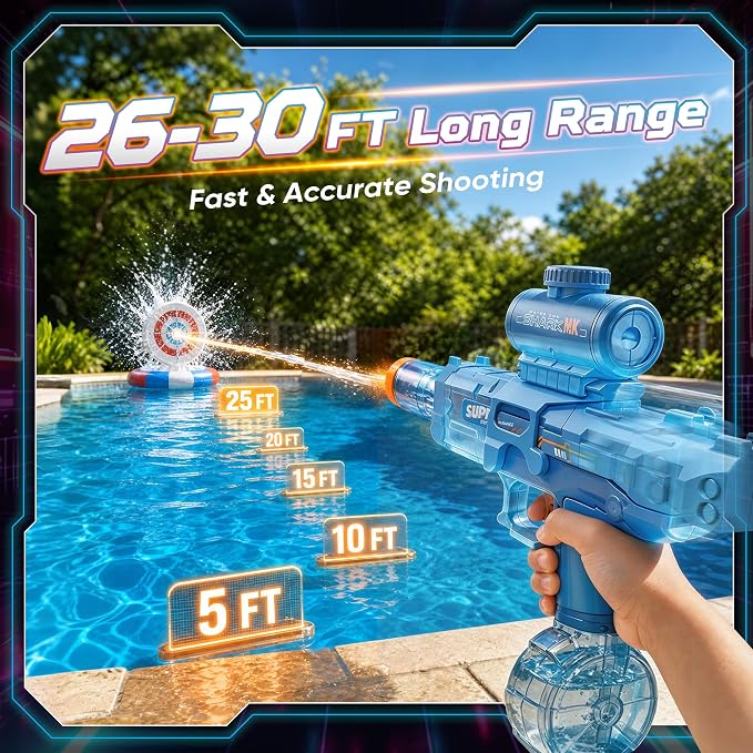 GONINO Electric Water Gun for Kids & Adults, Automatic LED Water Sprayer with Long Range Stream, Leak-Proof Rechargeable Battery Powered Outdoor Pool Toy, Summer Party Gift for Boys Girls, Blue
