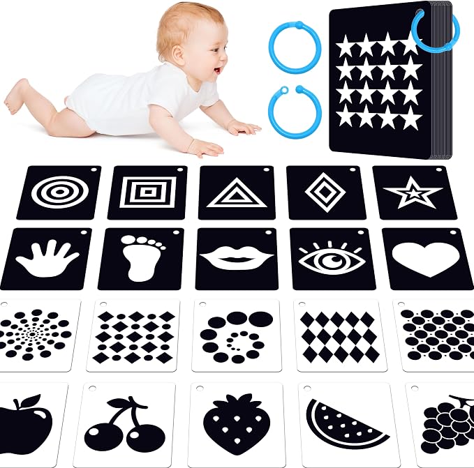 50PCS High Contrast Baby Flashcards, 100 Pages Black & White Visual Stimulus Flash Cards, Brain Development Cards Set Montessori Sensory Toys for Infants Newborn Boy Girl Baby Tummy Time (0-3 Months)