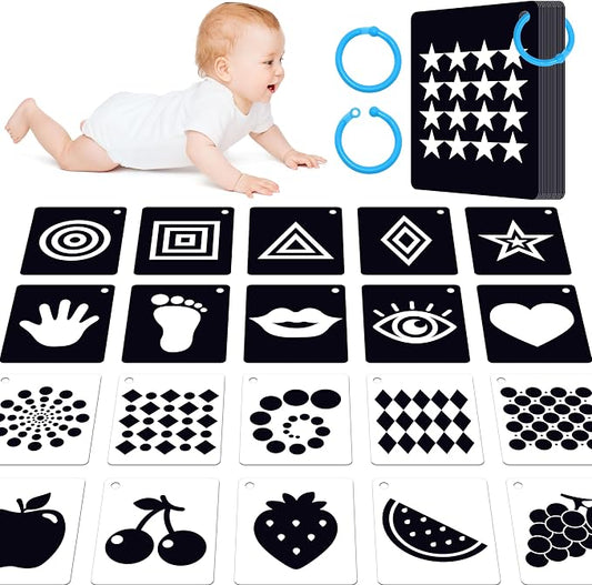 50PCS High Contrast Baby Flashcards, 100 Pages Black & White Visual Stimulus Flash Cards, Brain Development Cards Set Montessori Sensory Toys for Infants Newborn Boy Girl Baby Tummy Time (0-3 Months)
