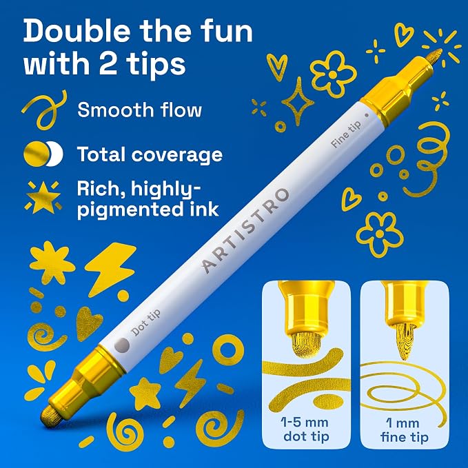 ARTISTRO 5 Gold Dual-Tip Acrylic Paint Markers – Paint Pens Set with Dot & Fine Tips for Fabric, Rock, Glass, Wood, Coloring Books – Arts & Crafts Gift – Classroom Must Haves & School Supplies