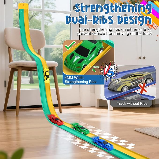 Flexible Race Car Track for Kids, Flex Track with 4 Small Race Cars,Rolls Up Portable Racetrack for Ages 3+, Compatible with H*t Wheels and DIEC*st 1/64th Cars (15FT-Green/Yellow)