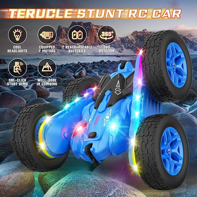Terucle Remote Control Car, Rc Cars Stunt Toys New Upgraded Strip Lights and Headlights Toys Double-Sided 360° Rotating 4WD Drift Truck for Boys Girls Birthday Gift (Blue)