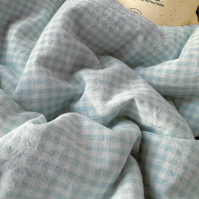 LifeTB Blue Gingham Comforter Set Queen Romantic Lace Style Plaid Checkered Comforter Set Cute Grid Bed Comforter with 2 Pillowcases Cozy Gingham Bedding Set Blue Plaid Comforter for Teen Girls