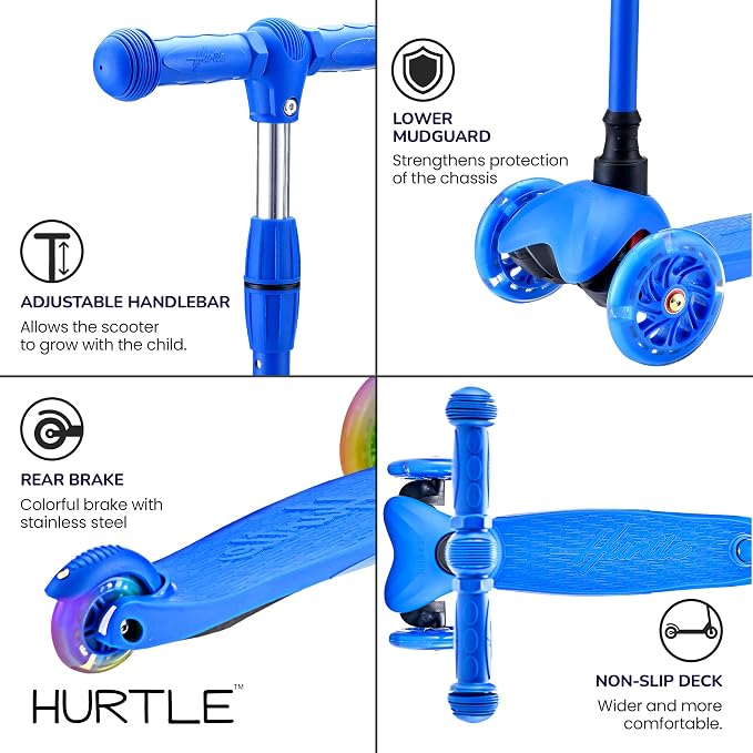 Hurtle Mini Kickboard 3 Wheel Scooter for Kids Ages 2-5 - Lean-to-Steer Toddler Scooter with Light-up LED Wheels, Adjustable Height & Rear Foot Brake for Boys. & Girls, Anti-Slip, Indoor/Outdoor