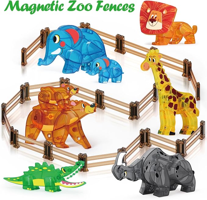 Oriate Farm Animals Fences Magnetic Tiles, 18pcs Magnet Fencing Compatible Garden Farming Zoo Dinosaur, Kids Magnetic Structural Construction Magnets Tile Building Blocks Horse Toys Accessory