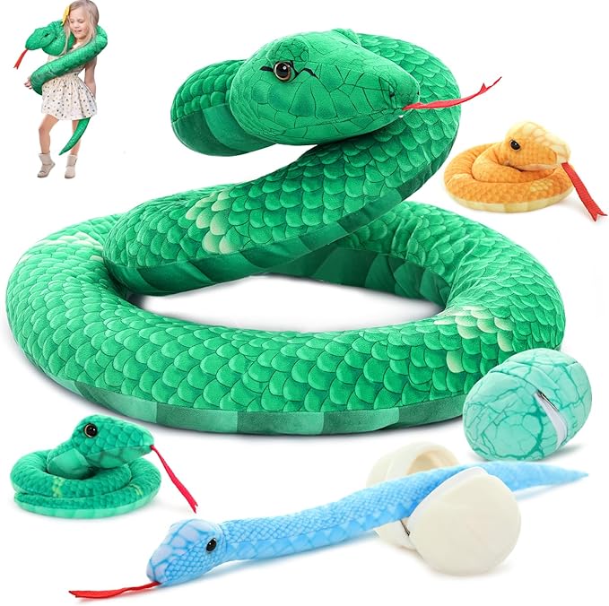 MorisMos Giant Snake Stuffed Animal Mommy with Babies & Eggs,Realistic Stuffed Snake Plush Toys for Kid Girl Boy 3 5 7 8 12,Long Green Boa Constrictor Anaconda Toys,Python Gift for Halloween Christmas