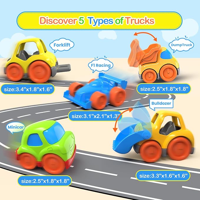 P&C 5 Pcs Toddler Toys Mini Cars for Ages 1-3, Beach Sand Outdoor Small Construction Toy Trucks for Kids 12M+ 1 2 3 4 Years Old Boys and Girls, Great for Birthdays Children's Day