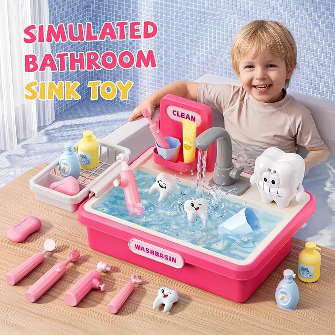 Play Sink with Running Water, Toy Sink Auto Water Cycle System, Play Sink Toys for 2 3 4 Year Old Girls, Dentist Play Set with Oversize Teeth, Birthday Gifts for 2 3 4 5 Year Old, Practice Cleaning