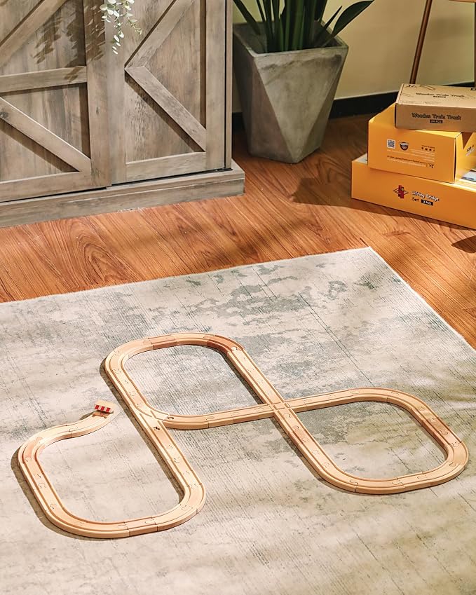 SainSmart Jr. Wooden Train Track 52 PCS, Track Expansion Compatible with All Major Brands Toddler Railway Toy Train Set Boys Train Set 3+