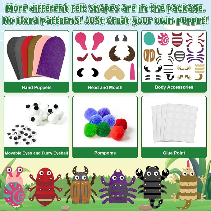 WATINC 6Pcs Hand Puppet Making Kit, Art Craft Felt Sock Puppet Toys, Creative DIY Make Your Own Pompoms Wiggle Googly Eyes Storytelling Role Play Party Supplies Gift for Girls Boys (Insect Animals B)