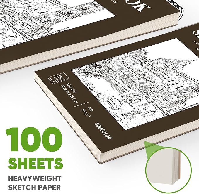 Soucolor 8" x 10" Sketch Book, 100 Sheets (68lb/100gsm) Acid-Free Drawing Paper, Spiral Bound Sketch Pad for Artist Adults Teens Kids, Art Supplies for Drawing Painting, Gift for Kids