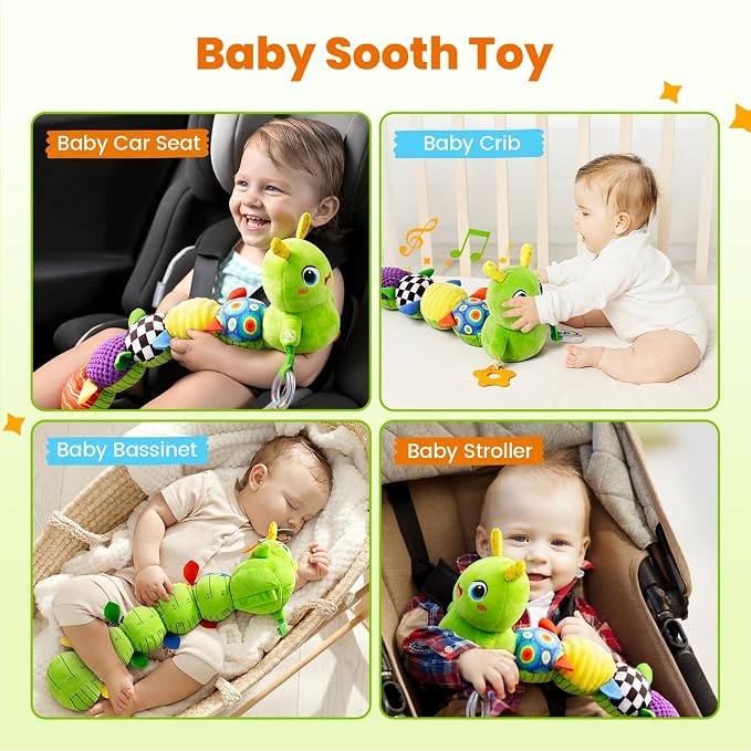 GoGonova Musical Caterpillar Baby Sensory Toy for Infant Development 0-12 Months – Tummy Time Crawler & Teether – Newborn Bath, Car Seat, Stroller & Bassinet Activity Toy & Gift(Green)
