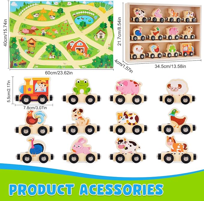 Montessori Wooden Train Toy for 1 2 3 Years Old Toddlers | 12 Magnetic Animals Train Kids Box, STEM Educational Toy with Game Map | 1st 2nd Birthday for Boys Girls