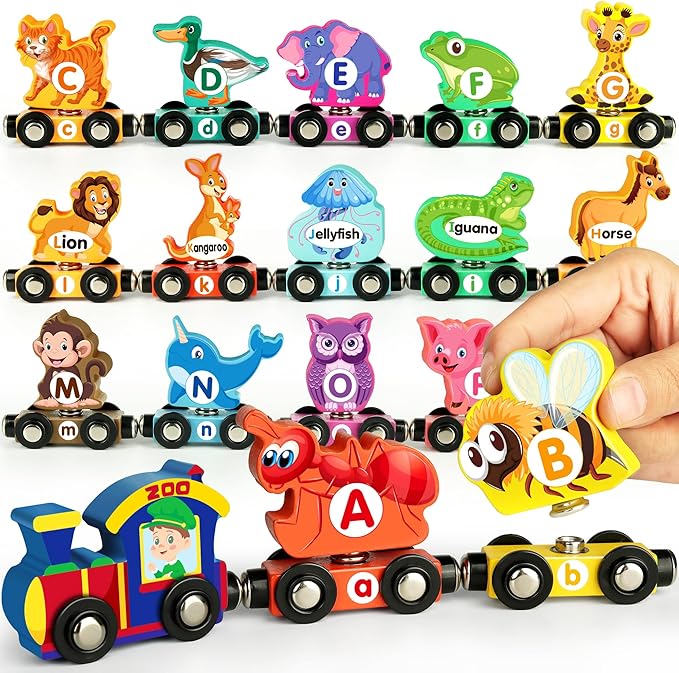 Helsort Wooden Alphabet Train Set for Toddlers – Magnetic ABC Train with Snap-Connection, Animal-Themed Educational Preschool Toy for Kids Ages 3-5, Montessori STEM Learning Gift for Boys and Girls