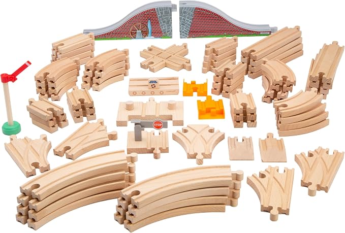 Wooden Train Tracks 68 Piece Expansion Pack Accessories with Arched Bridge, Engine Barge, Dock, Stop & Go Checkpoint, Signal Pole, Cross Track Compatible with Thomas, Brio Wooden Railways ORBRIUM